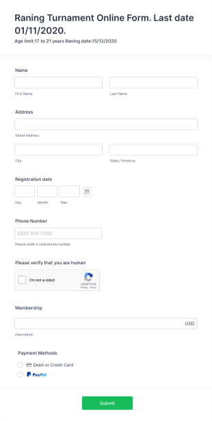 Raning Turnament Online Form. Last Date 01/11/2020. Form Template