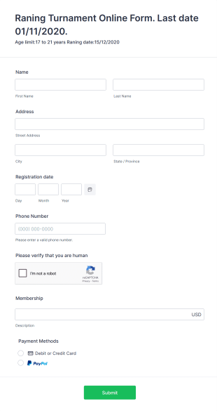Running Tournament Registration Form Template