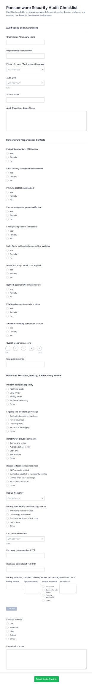 Ransomware Security Audit Checklist Form Template