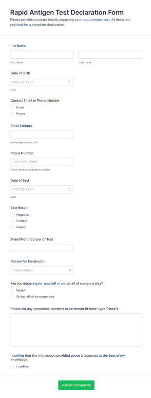 Rapid Antigen Test Declaration Form Template