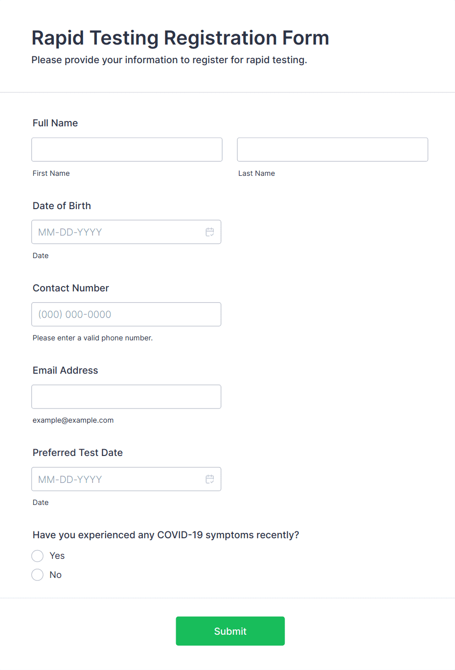 Rapid Testing Registration Form Template | Jotform