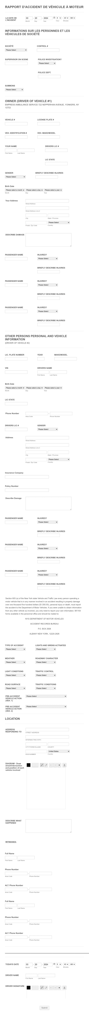 Rapport D'Accident De Véhicule À Moteur Form Template