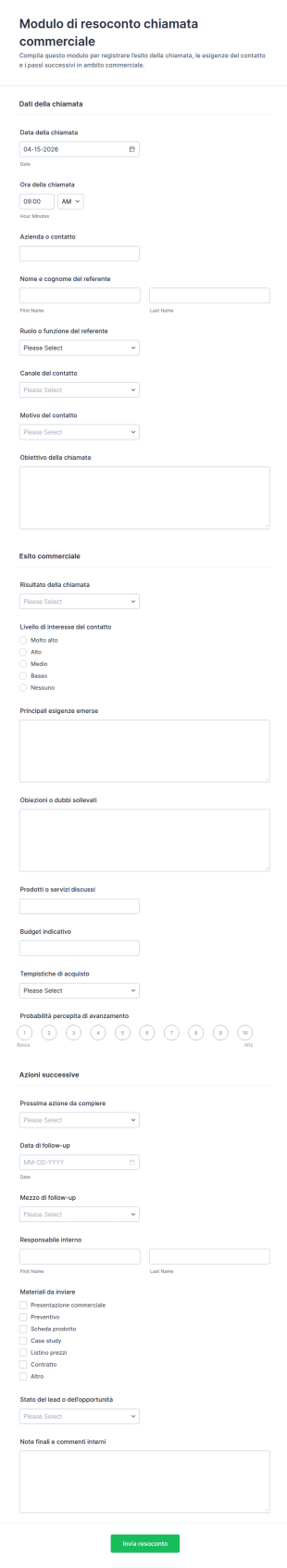 Rapporto Di Chiamata Di Vendita Form