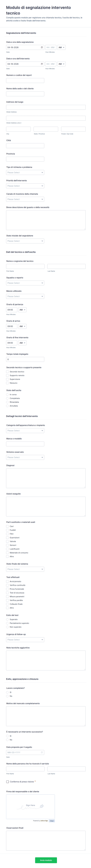 Rapporto Di Segnalazione Chiamata Tecnica Form