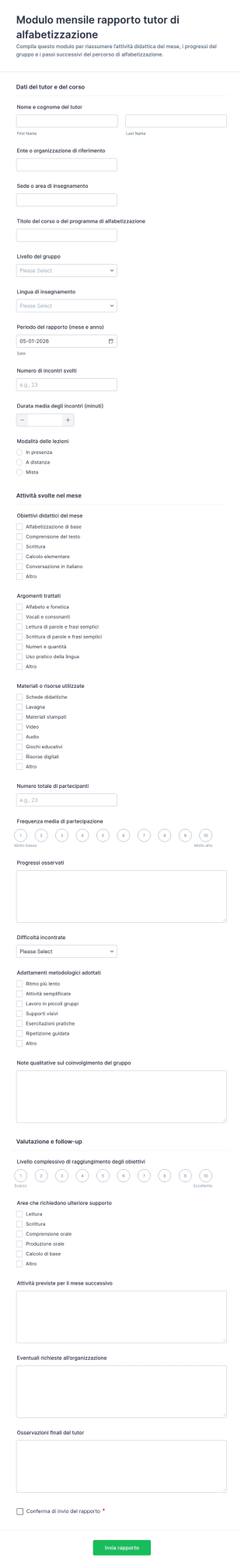 Rapporto Mensile Per Tutor Di Alfabetizzazione Modulo