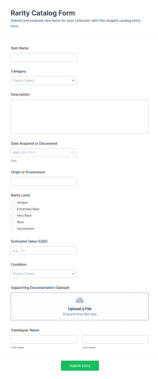 Rarity Catalog Form Template