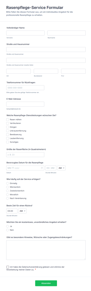 Rasenpflege Service Formular