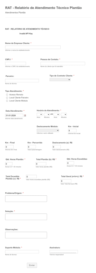 RAT Relatório De Atendimento Técnico Plantão  Form Template