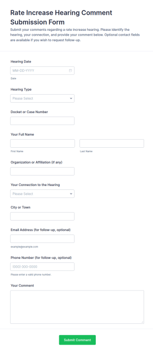 Rate Increase Hearing Comment Submission Form Template