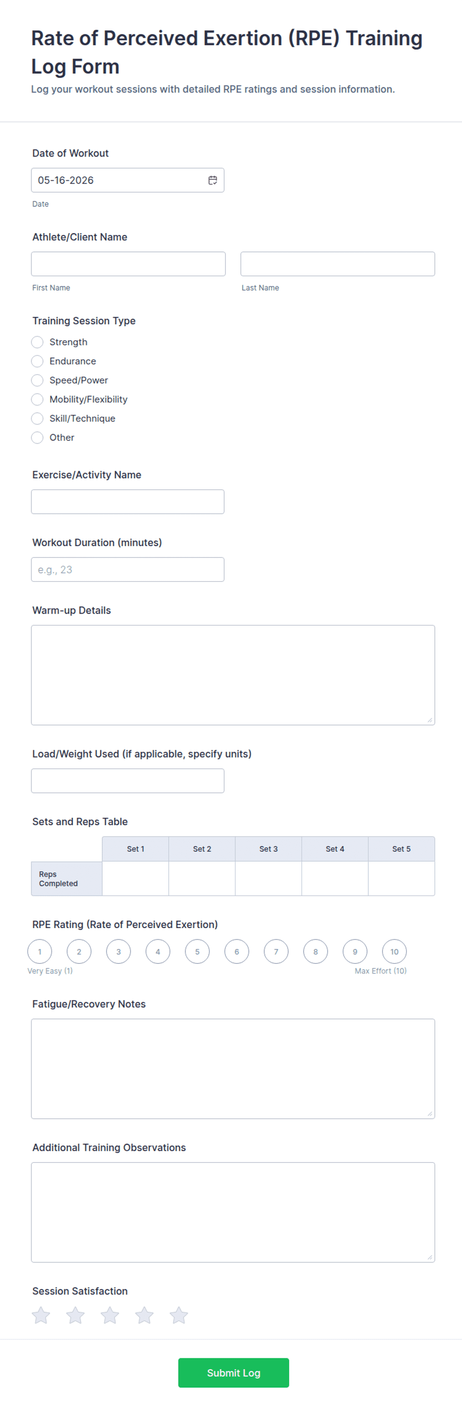 Rate of Perceived Exertion (RPE) Training Log Form Template | Jotform