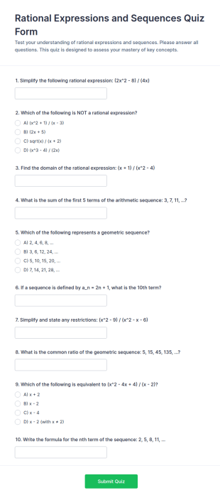 Rational Expressions And Sequences Quiz Form Template