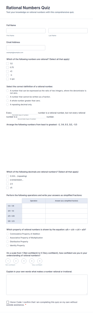 Rational Numbers Quiz Form Template