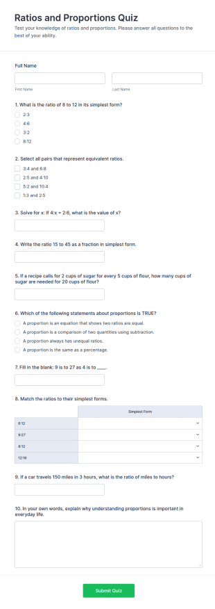 Ratios And Proportions Quiz Form Template