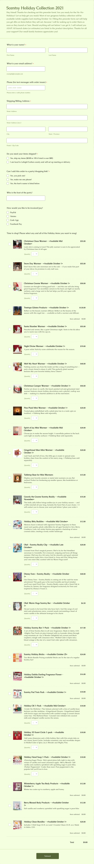 Raub's Aromas Scentsy Holiday Collection 2021 Form Template