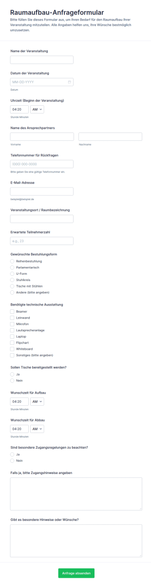 Raumaufbau Anfrage Formular