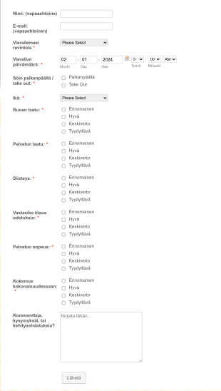 Ravintolan Asiakaspalautelomake Form Template