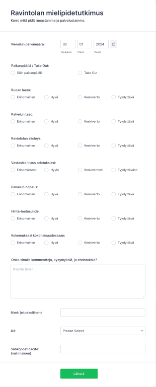 Ravintolan Mielipidetutkimus Form Template