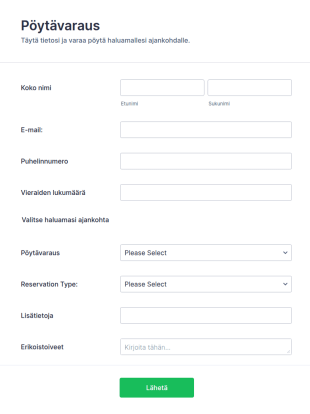Ravintolan Pöytävarauslomake