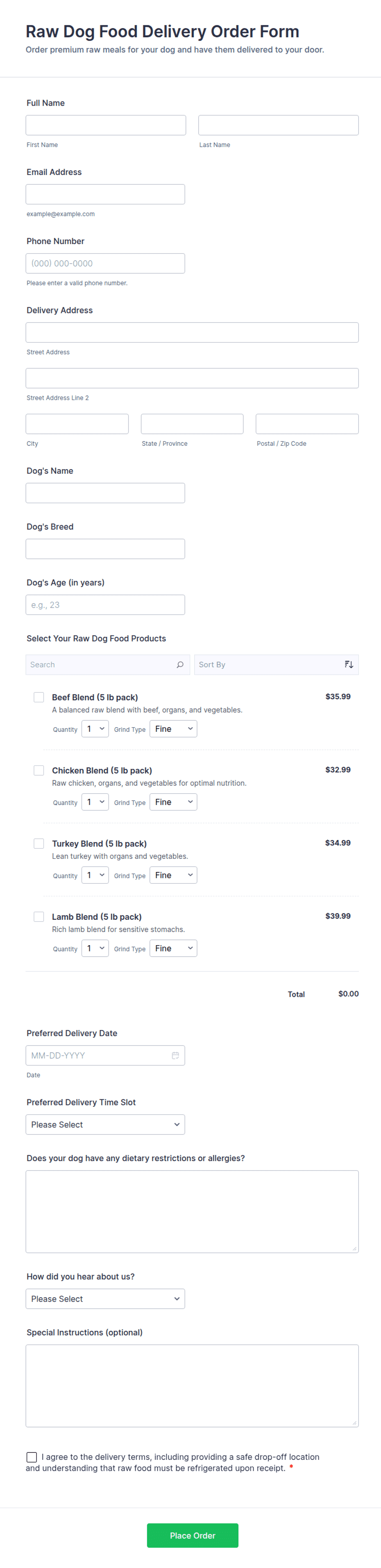 Raw Dog Food Delivery Order Form Template | Jotform