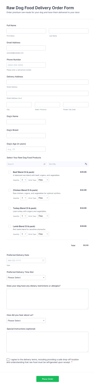 Raw Dog Food Delivery Order Form Template