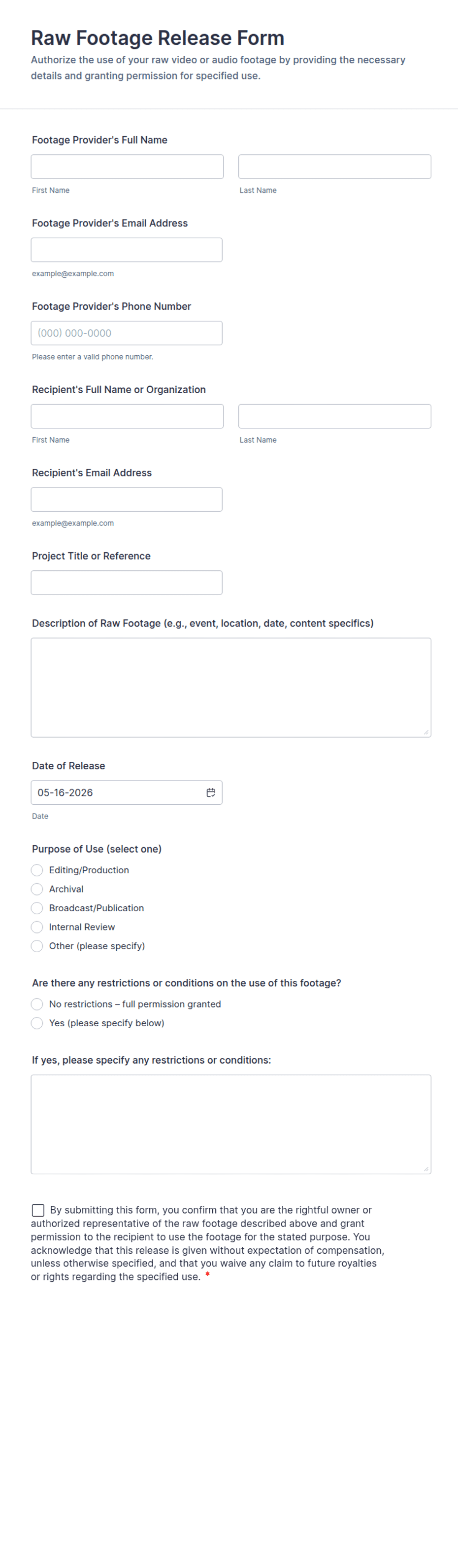 Release Form Animation Raw Footage Release Form Template | Jotform