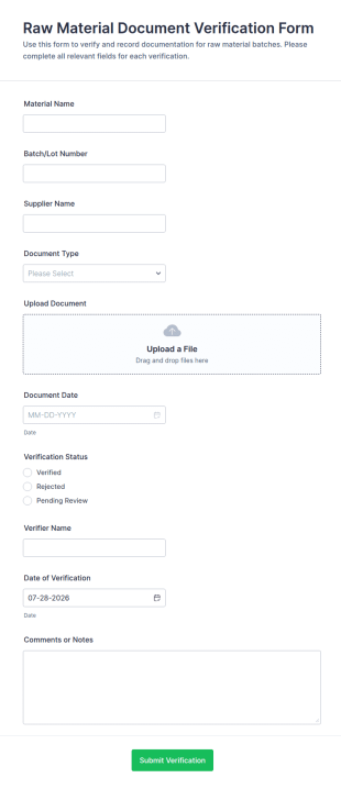 Raw Material Document Verification Form Template