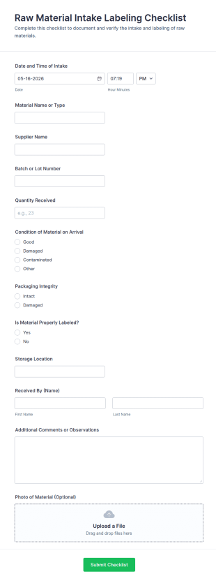 Raw Material Intake Labeling Checklist Form Template