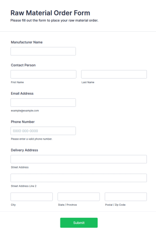 Raw Material Order Form Template