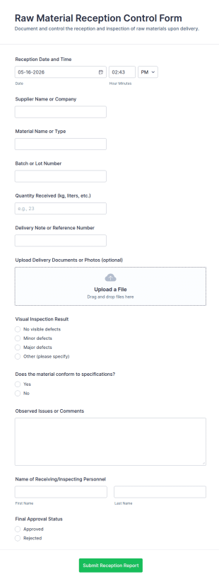 Raw Material Reception Control Form Template