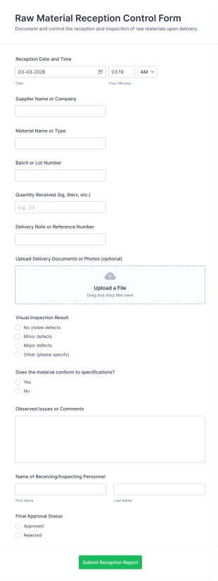 Raw Material Reception Control Form Template