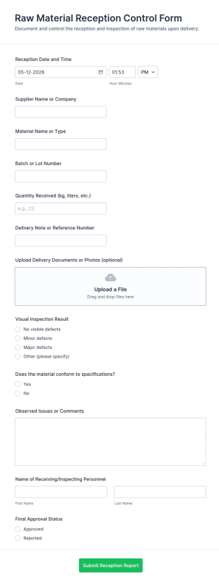 Raw Material Reception Control Form Template