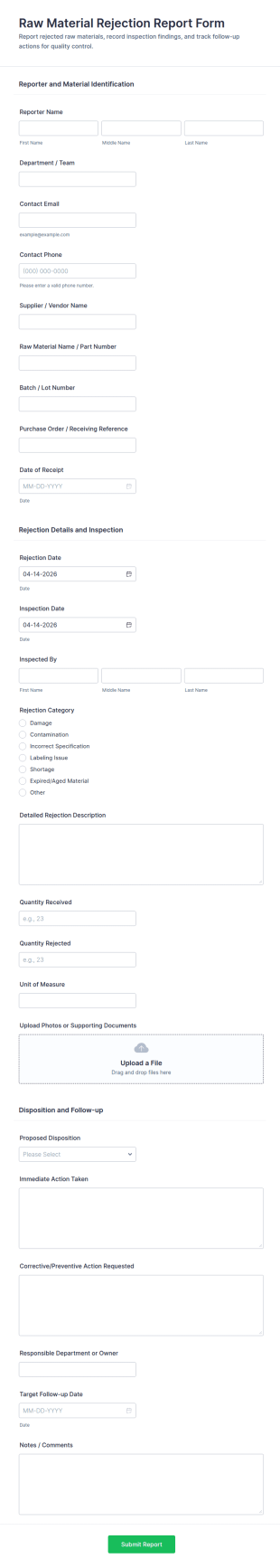 Raw Material Rejection Report Form Template