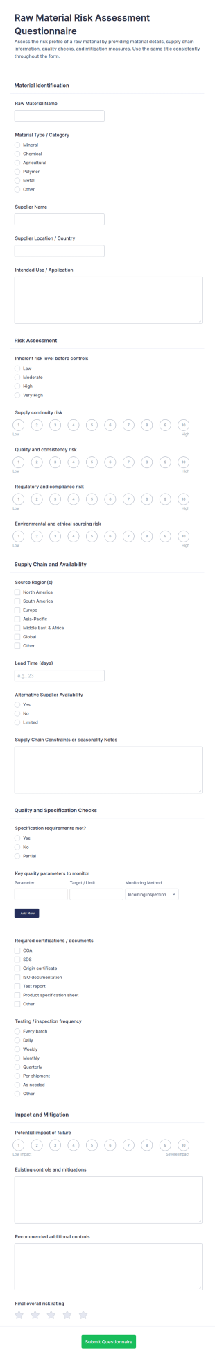 Raw Material Risk Assessment Questionnaire Form Template
