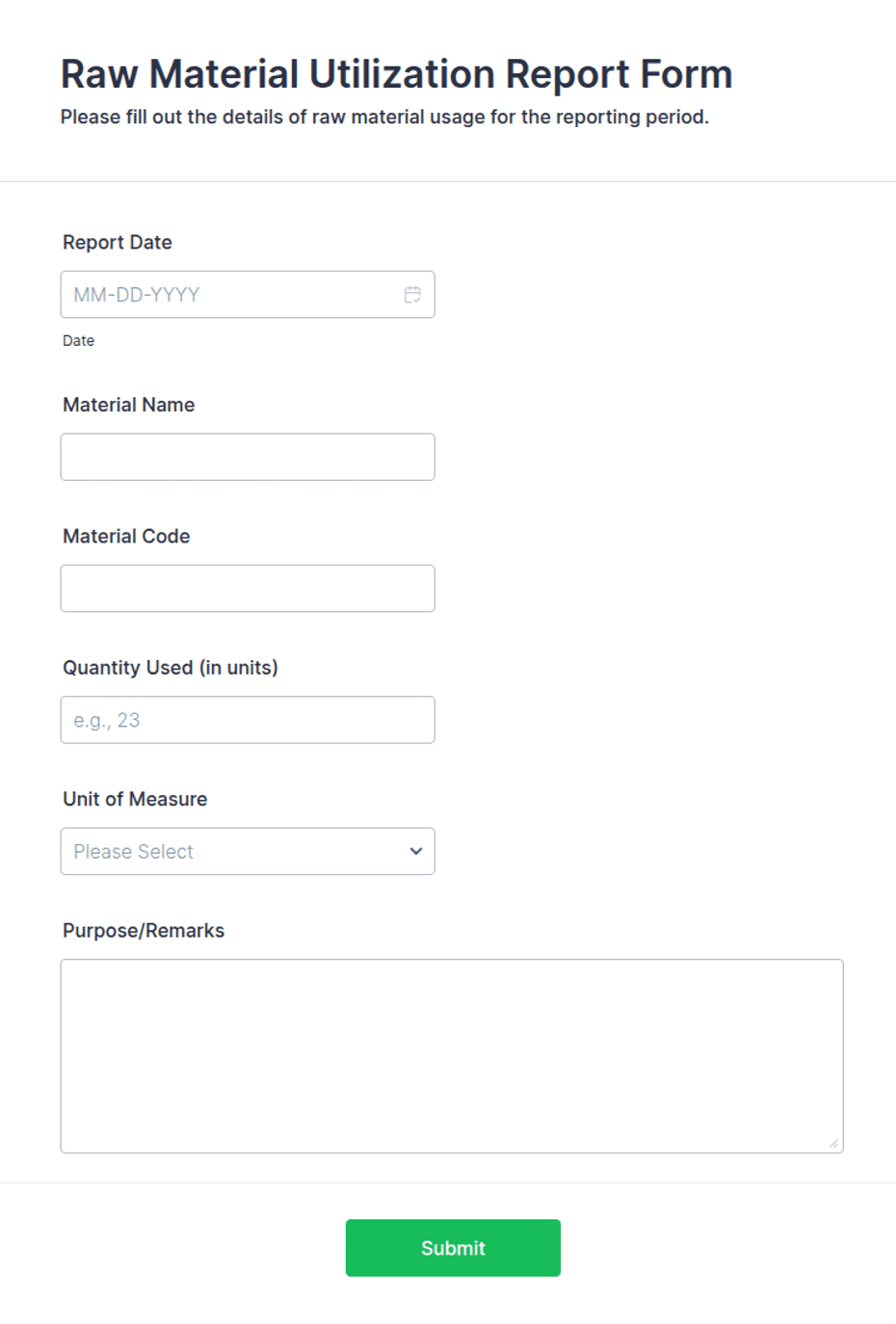 Raw Material Utilization Report Form Template | Jotform