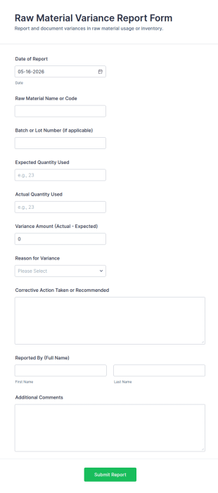 Raw Material Variance Report Form Template