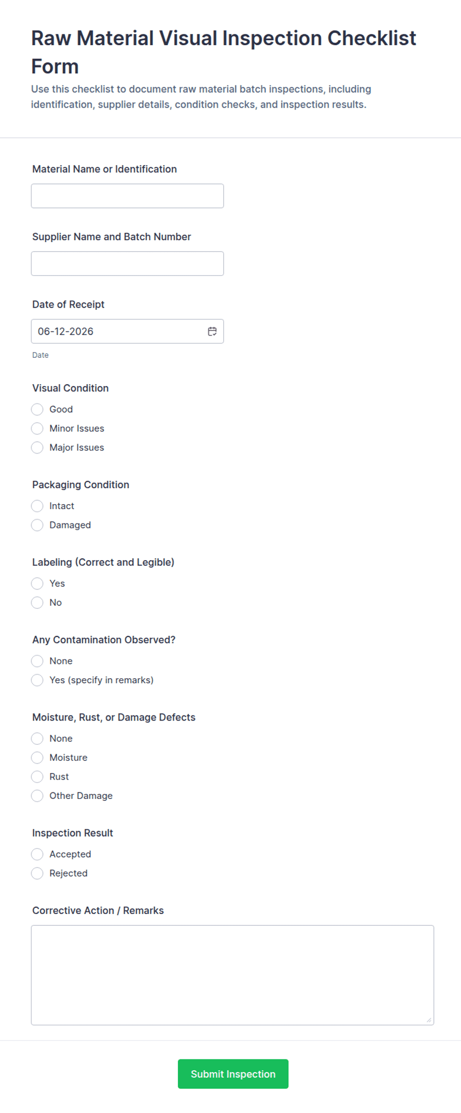 Va Material Handler Inprocessing Checklist Template Raw Material Visual Inspection Checklist Form Template | Jotform
