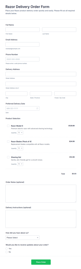 Razor Delivery Order Form Template