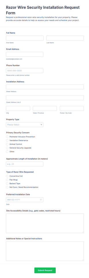 Razor Wire Security Installation Request Form Template
