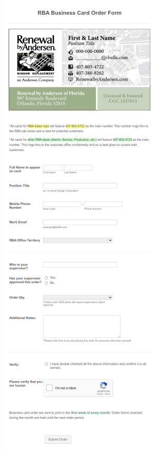 RBA Business Card Order Form Template