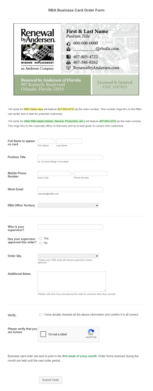 RBA Business Card Order Form Template