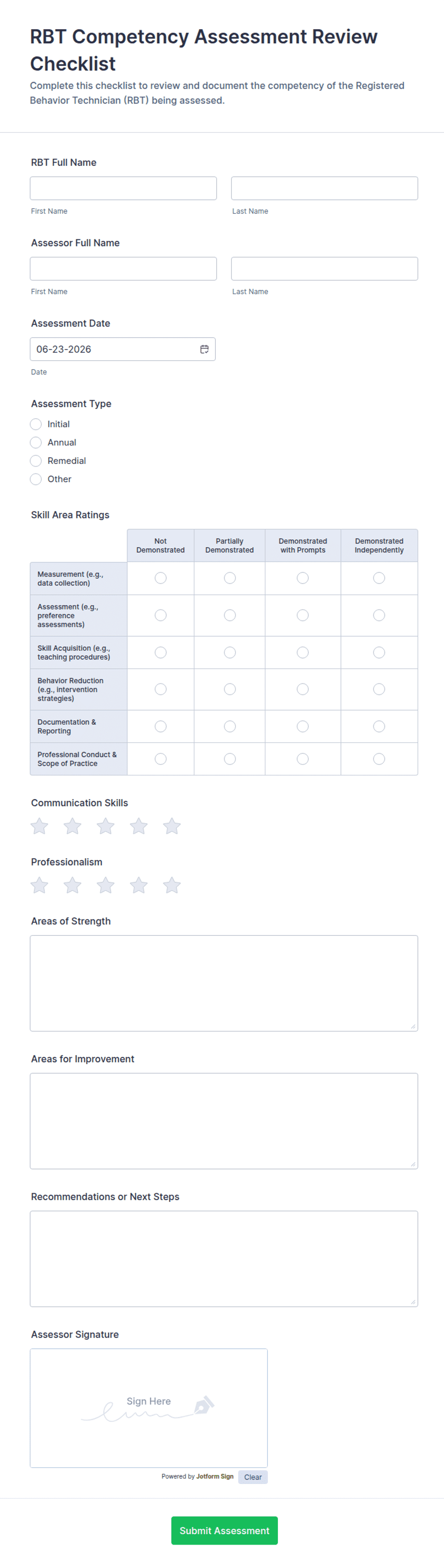 RBT Competency Assessment Review Checklist Form Template | Jotform