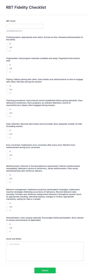 RBT Fidelity Checklist Form Template