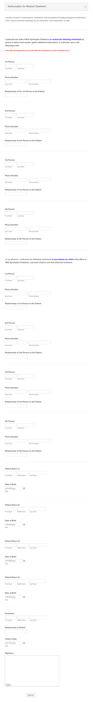 RDV Peds Authorization For Medical Treatment Form Template