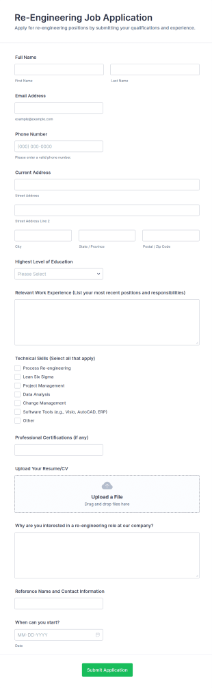 Re Engineering Job Application Form Template