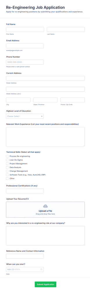 Re Engineering Job Application Form Template
