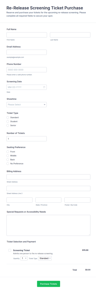 Re Release Screening Ticket Purchase Form Template