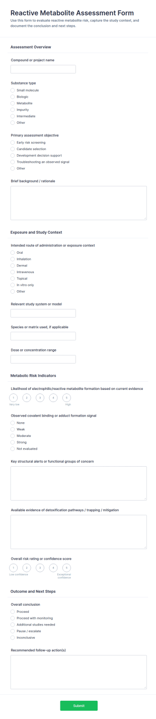 Reactive Metabolite Assessment Form Template