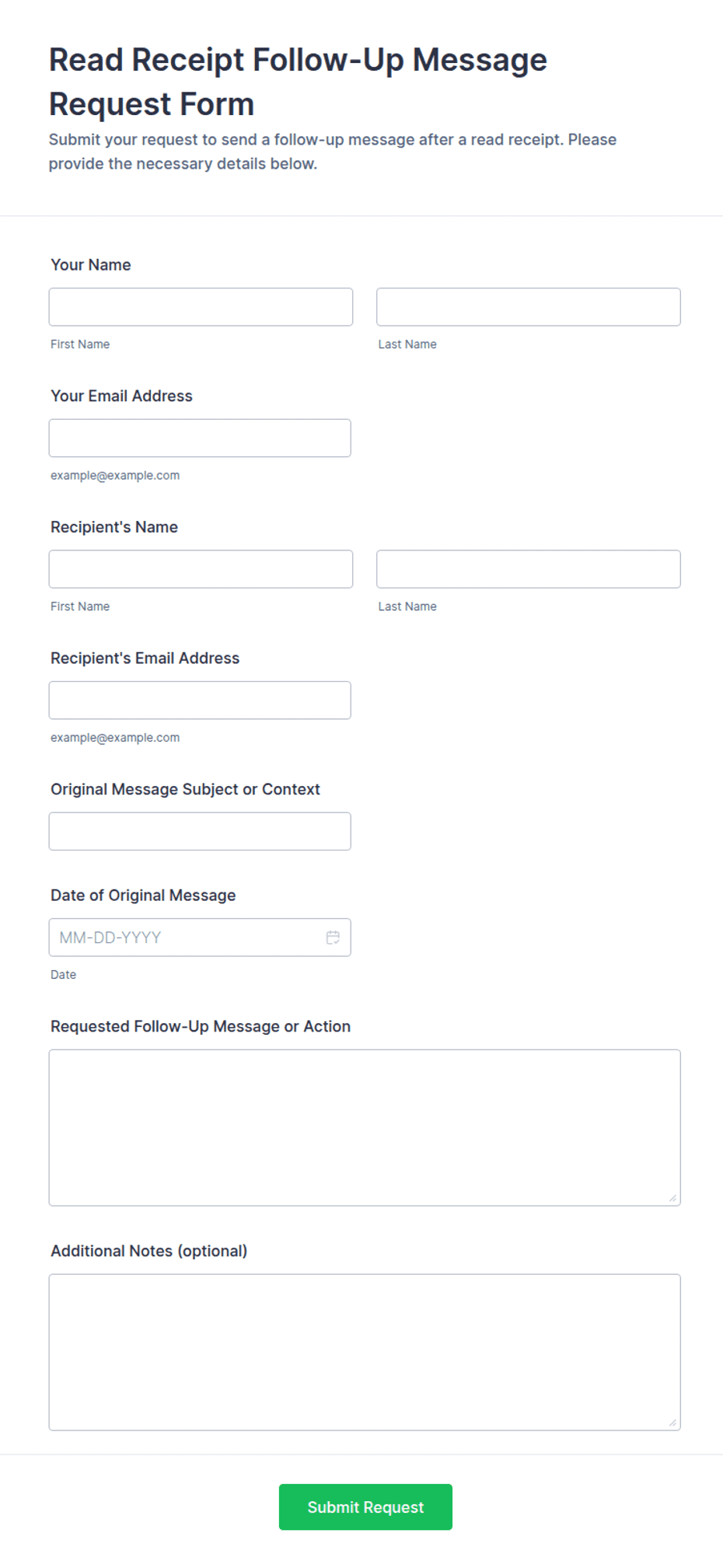 Read Receipt Follow-Up Message Request Form Template | Jotform