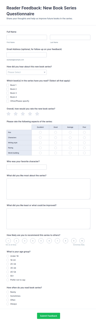 Reader Feedback: New Book Series Questionnaire Form Template