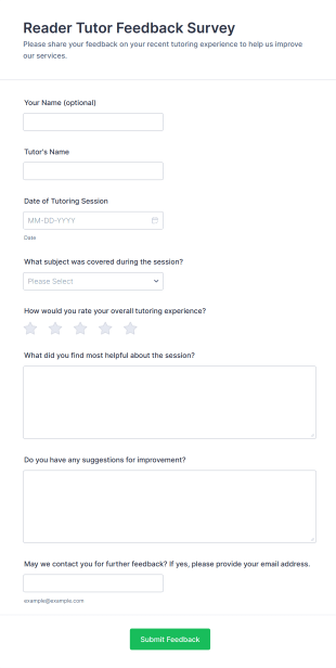 Reader Tutor Feedback Survey Form Template